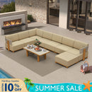 PURPLE LEAF Breck U-Shaped  with table Modular Outdoor Sectional with Wood-Grain Aluminum Frame and Thick Teak-Colored Cushions for Family Entertaining