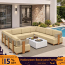 PURPLE LEAF Breck U-Shaped Modular Outdoor Sectional with Wood-Grain Aluminum Frame and Thick Teak-Colored Cushions for Family Entertaining