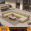 PURPLE LEAF Breck U-Shaped  with table Modular Outdoor Sectional with Wood-Grain Aluminum Frame and Thick Teak-Colored Cushions for Family Entertaining