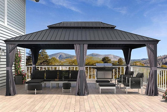 PURPLE LEAF 10' x 16' Grey Hardtop Patio Gazebo with Galvanized Steel Frame for Dining Set