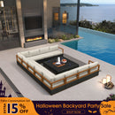 PURPLE LEAF Griffin U-shaped Patio Conversation Set Black with Cushion Pillows Ottoman and Premium Leather for Gathering Entertaining