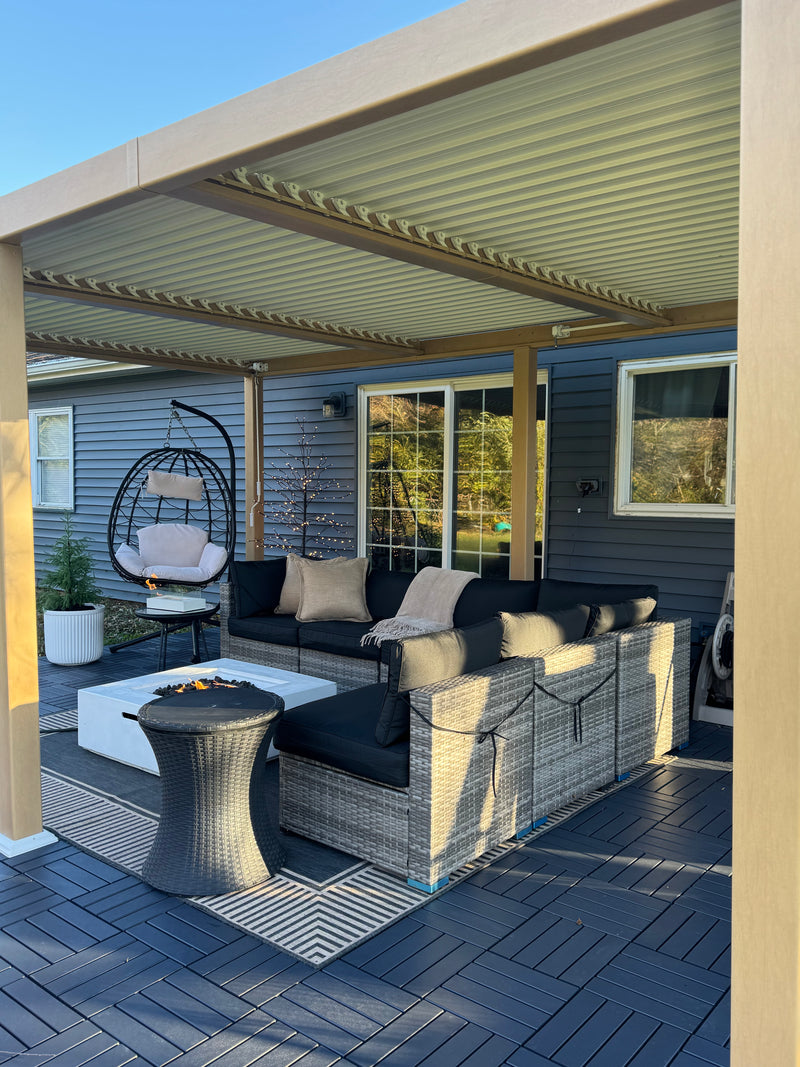 PURPLE LEAF Caesar Louvered Pergola Outdoor Wood Grain Aluminum Pergola with Adjustable Roof Patio Hardtop Gazebo for Backyard Garden