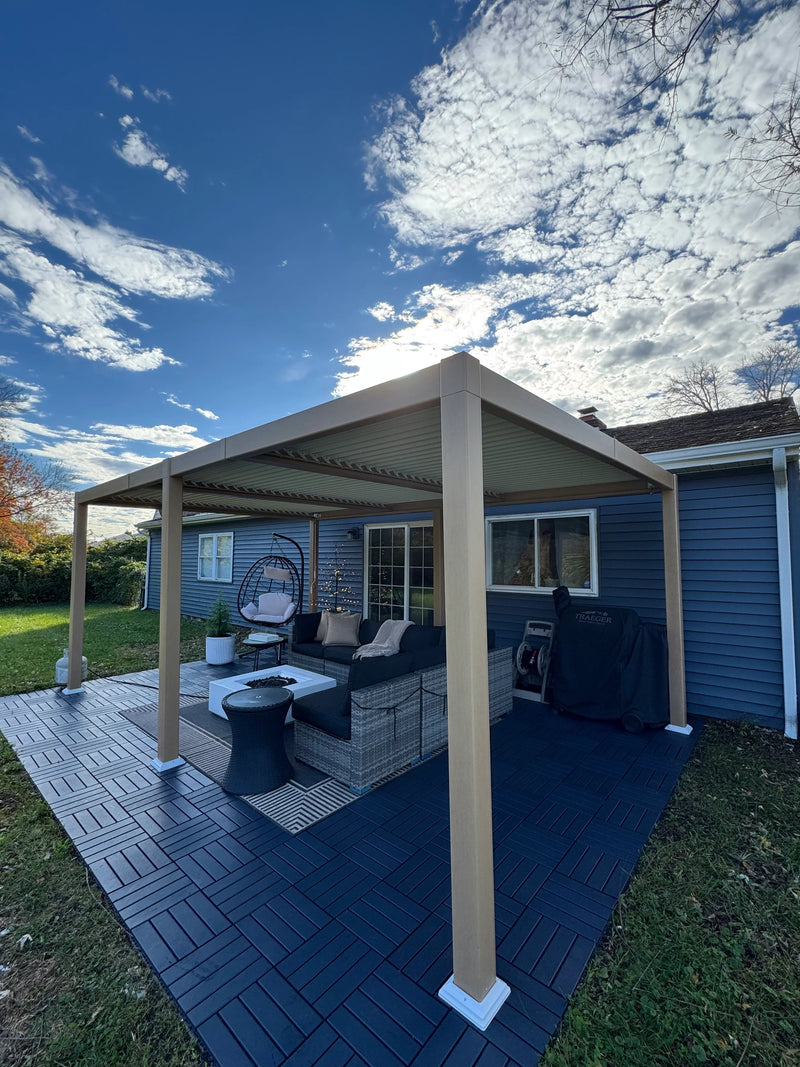 PURPLE LEAF Caesar Louvered Pergola Outdoor Wood Grain Aluminum Pergola with Adjustable Roof Patio Hardtop Gazebo for Backyard Garden