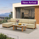 PURPLE LEAF Breck L-Shaped with table Modular Outdoor Sectional with Wood-Grain Aluminum Frame and Thick Teak-Colored Cushions for Luxury Backyard Lounge