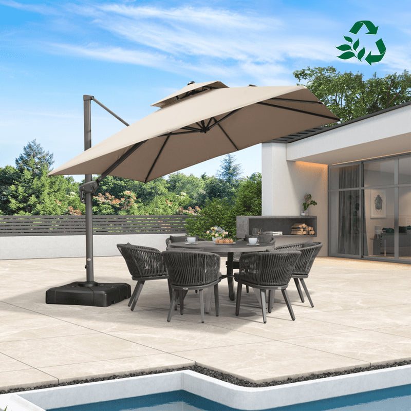 Cantilever patio umbrella providing shade over outdoor dining set with chairs