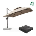 PURPLE LEAF taupe double-top cantilever umbrella with base. UV50+ fade resistant.
