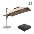 PURPLE LEAF taupe double-top cantilever umbrella with base. UV50+ fade resistant.