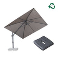 Grey PURPLE LEAF UV resistant patio umbrella with base, shown tilted left with swivel function.
