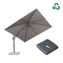 Grey PURPLE LEAF UV resistant patio umbrella with base, shown tilted left with swivel function.