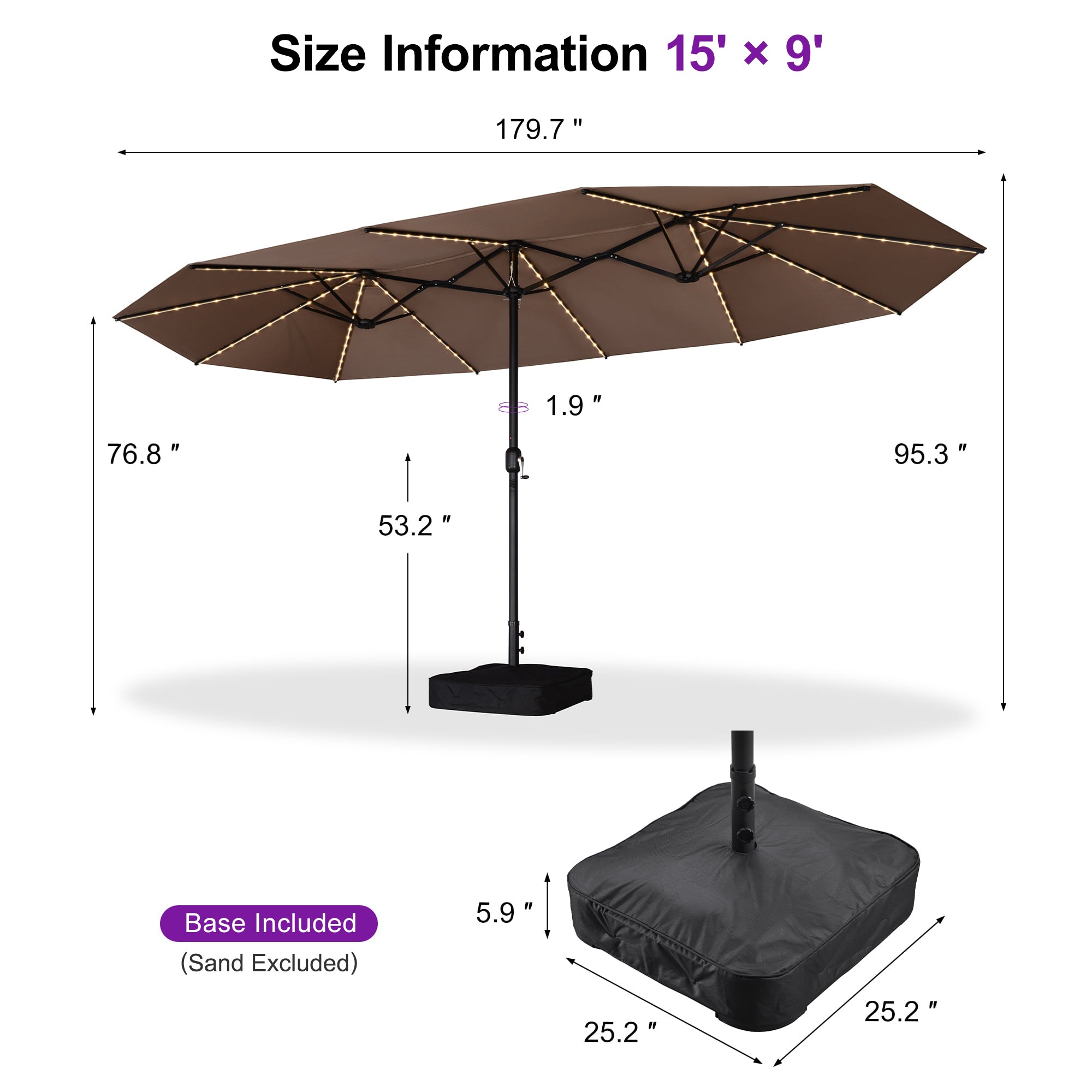 Double-Sided Patio Umbrella with LED Lights | 15'x9'