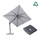 PURPLE LEAF grey UV resistant patio umbrella with base, tilted, showcasing tilt and swivel.