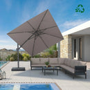 Gray cantilever patio umbrella with UV protection over outdoor seating, patio shade solutions.