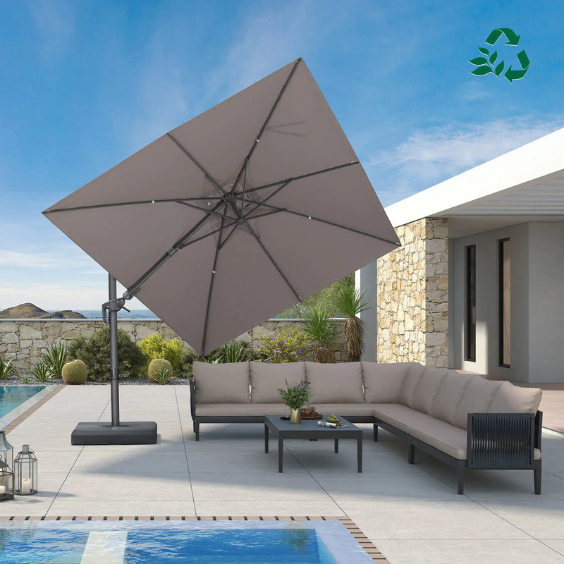 Gray cantilever patio umbrella with UV protection over outdoor seating, patio shade solutions.