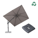 PURPLE LEAF grey UV patio umbrella with base, tilted, showing tilt & swivel.