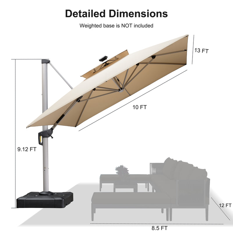 PURPLE LEAF Rectangular Cantilever Umbrella with Base, Outdoor Umbrellas with Lights