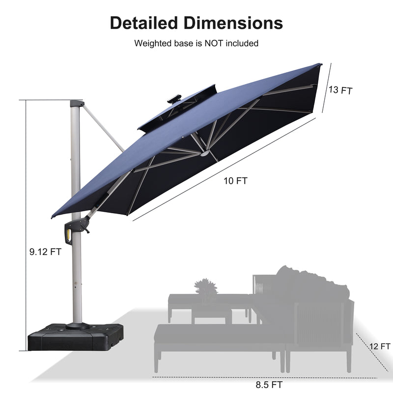 PURPLE LEAF Rectangular Cantilever Umbrella with Base, Outdoor Umbrellas with Lights