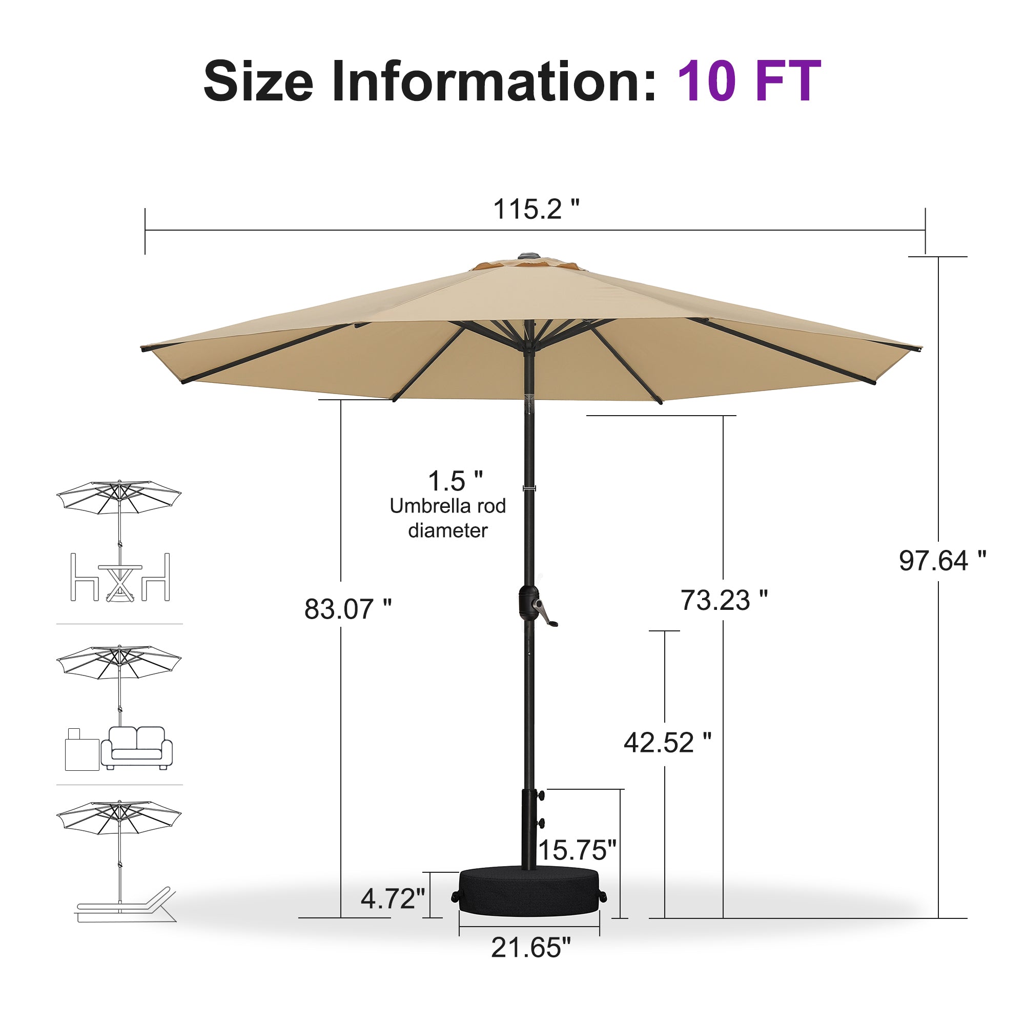 PURPLE LEAF Yard Tilting Patio Table Umbrella Black Frame Outdoor