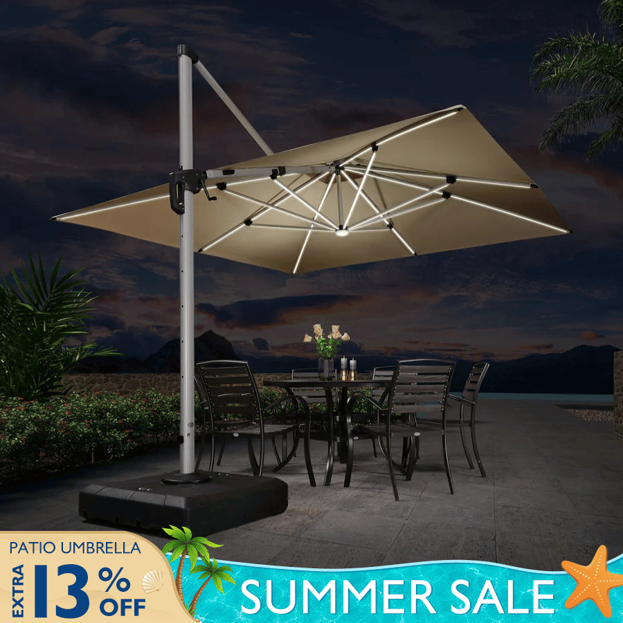 9/10/11/12ft Solar LED Square Cantilever Patio Umbrella