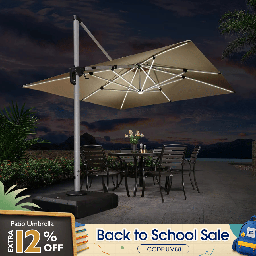 9/10/11/12ft Solar LED Square Cantilever Patio Umbrella