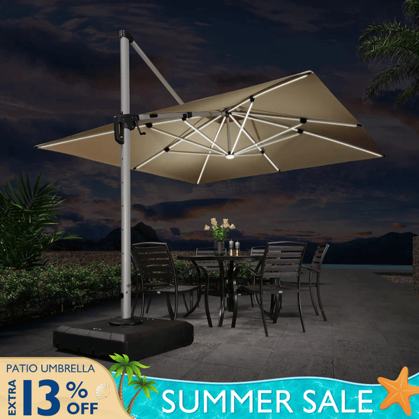 9/10/11/12ft Solar LED Square Cantilever Patio Umbrella