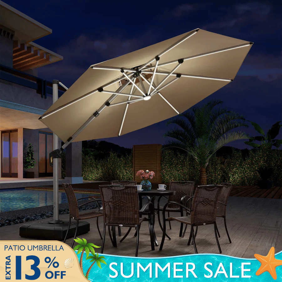PURPLE LEAF Round Solar Lighted Cantilever Umbrella Outside Patio Umbrella with Lights