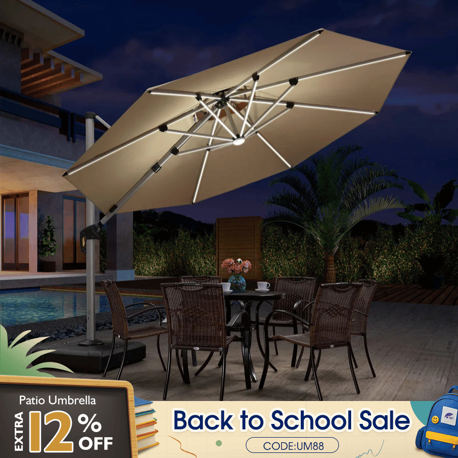 10/11/12ft Solar LED Round Cantilever Patio Umbrella