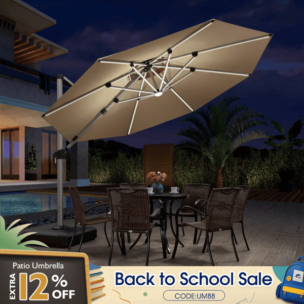 10/11/12ft Solar LED Round Cantilever Patio Umbrella