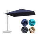 Navy blue patio umbrella with color swatches on a white background