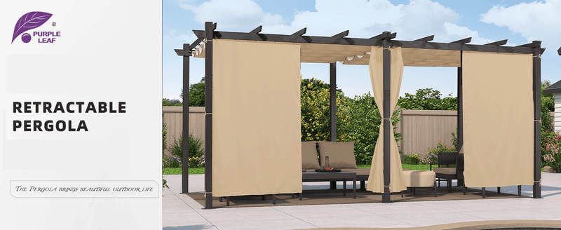 PURPLE LEAF Outdoor Pergola with Retractable Canopy Aluminum Shelter for Beach Porch Garden  Shade Pavilion Pergola  with Curtains