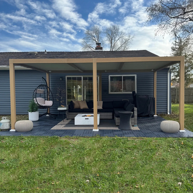 PURPLE LEAF Caesar Louvered Pergola Outdoor Wood Grain Aluminum Pergola with Adjustable Roof Patio Hardtop Gazebo for Backyard Garden