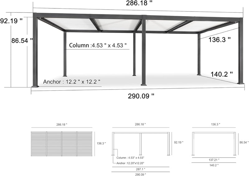 PURPLE LEAF Outdoor Louvered Pergola Patio Sun Shade Shelter with Adjustable Hardtop Patio Pergola Gray Frame White Roof
