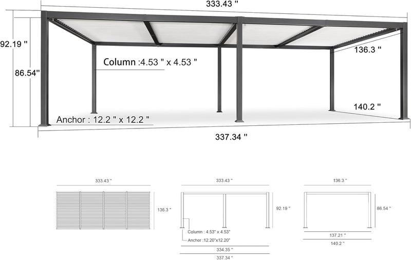 PURPLE LEAF Outdoor Louvered Pergola Patio Sun Shade Shelter with Adjustable Hardtop Patio Pergola Gray Frame White Roof
