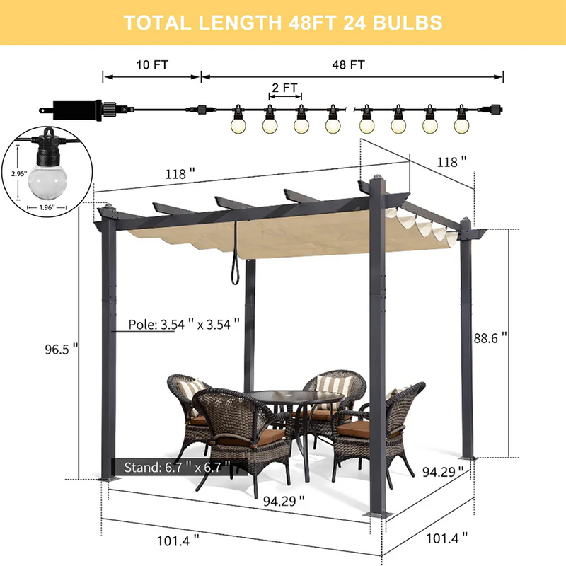 PURPLE LEAF Outdoor Pergola with Retractable Canopy Aluminum Shelter for Beach Porch Garden  Shade Pavilion Pergola  with Lights