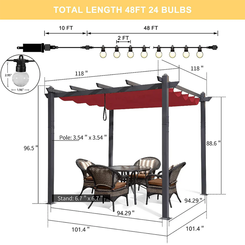 PURPLE LEAF Outdoor Pergola with Retractable Canopy Aluminum Shelter for Beach Porch Garden  Shade Pavilion Pergola  with Lights