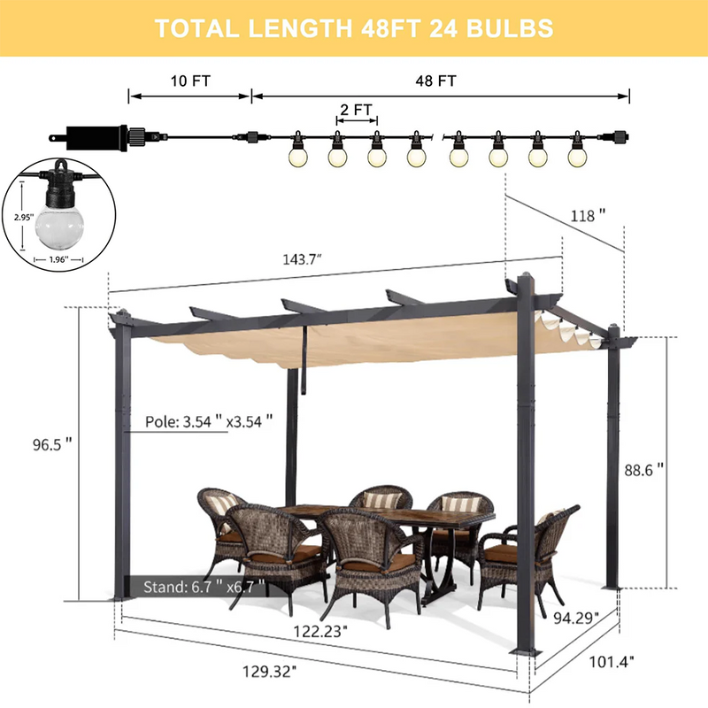 PURPLE LEAF Outdoor Pergola with Retractable Canopy Aluminum Shelter for Beach Porch Garden  Shade Pavilion Pergola  with Lights