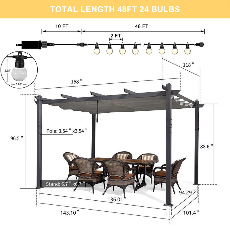 PURPLE LEAF Outdoor Pergola with Retractable Canopy Aluminum Shelter for Beach Porch Garden  Shade Pavilion Pergola  with Lights