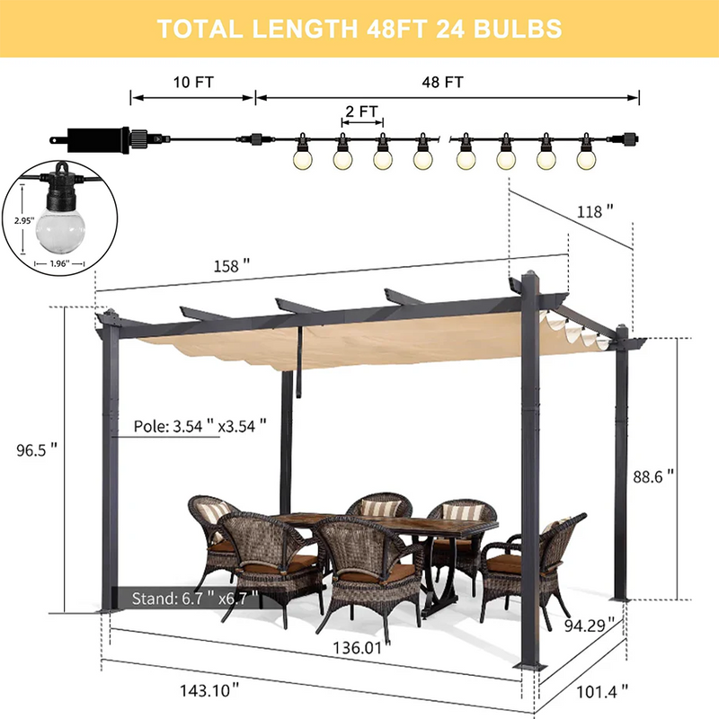 PURPLE LEAF Outdoor Pergola with Retractable Canopy Aluminum Shelter for Beach Porch Garden  Shade Pavilion Pergola  with Lights