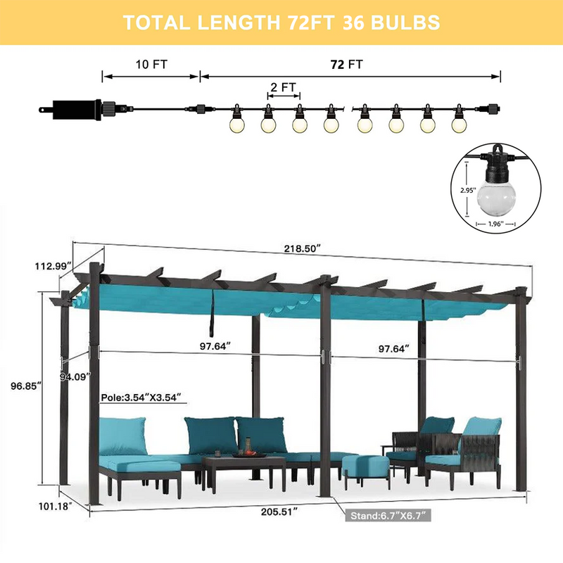 PURPLE LEAF Outdoor Pergola with Retractable Canopy Aluminum Shelter for Beach Porch Garden  Shade Pavilion Pergola  with Lights