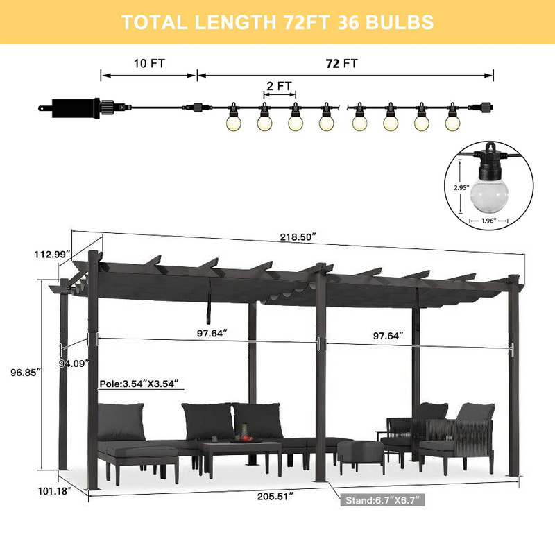 PURPLE LEAF Outdoor Pergola with Retractable Canopy Aluminum Shelter for Beach Porch Garden  Shade Pavilion Pergola  with Lights