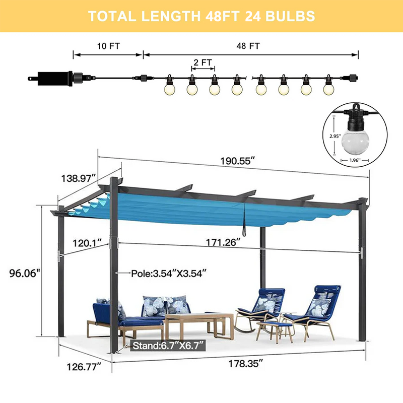 PURPLE LEAF Outdoor Pergola with Retractable Canopy Aluminum Shelter for Beach Porch Garden  Shade Pavilion Pergola  with Lights