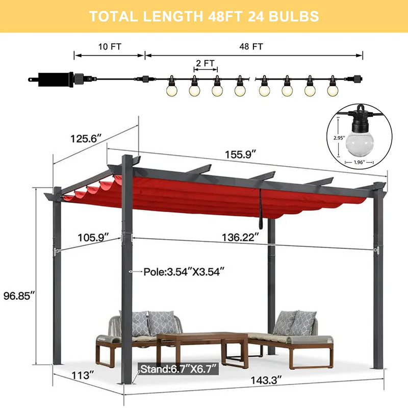 PURPLE LEAF Outdoor Pergola with Retractable Canopy Aluminum Shelter for Beach Porch Garden  Shade Pavilion Pergola  with Lights