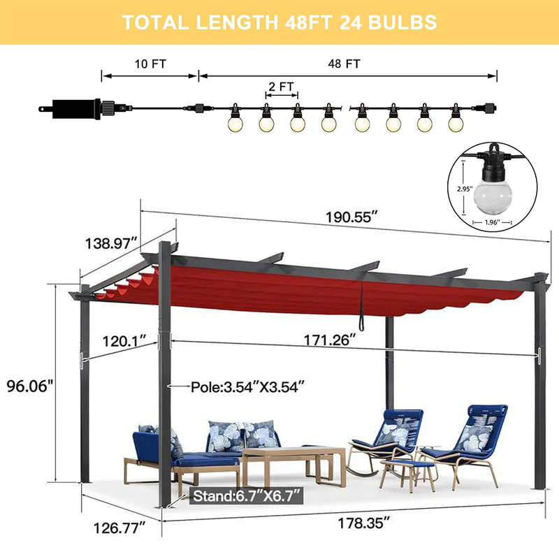 PURPLE LEAF Outdoor Pergola with Retractable Canopy Aluminum Shelter for Beach Porch Garden  Shade Pavilion Pergola  with Lights