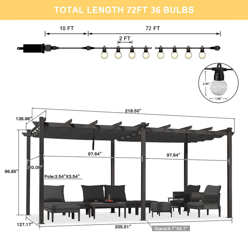 PURPLE LEAF Outdoor Pergola with Retractable Canopy Aluminum Shelter for Beach Porch Garden  Shade Pavilion Pergola  with Lights