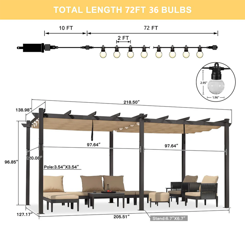 PURPLE LEAF Outdoor Pergola with Retractable Canopy Aluminum Shelter for Beach Porch Garden  Shade Pavilion Pergola  with Lights