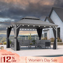 PURPLE LEAF light grey hardtop gazebo with galvanized steel roof and string lights.