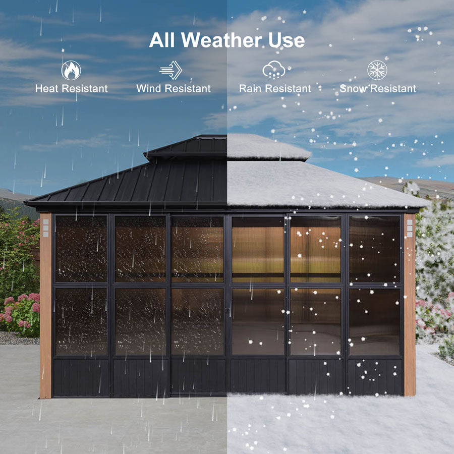 PURPLE LEAF Sunroom Hardtop Gazebo Solarium Wood Grain Galvanized Stee