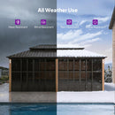 PURPLE LEAF Bronze Frame Sunroom Hardtop Gazebo Solarium Wood Grain Columns Galvanized Steel Double Roof All-Weather Screen House with Lights