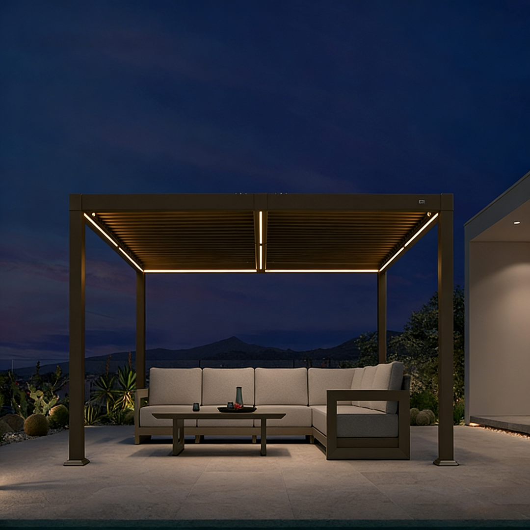 Solar Louvered Pergola with LED | Adjustable Aluminum Roof
