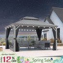 PURPLE LEAF Patio Gazebo for Pool Light Grey Hardtop Galvanized Steel Roof with String Lights-milky