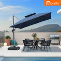 Blue Sunbrella cantilever patio umbrella with outdoor dining set, patio shade solution.